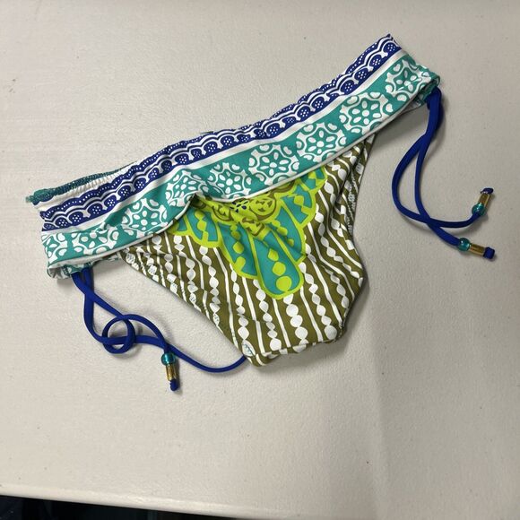 Trina Turk Bikini Bottom Ruching Tassel Size 8 Green Wave Blue Multi Color - Picture 7 of 9